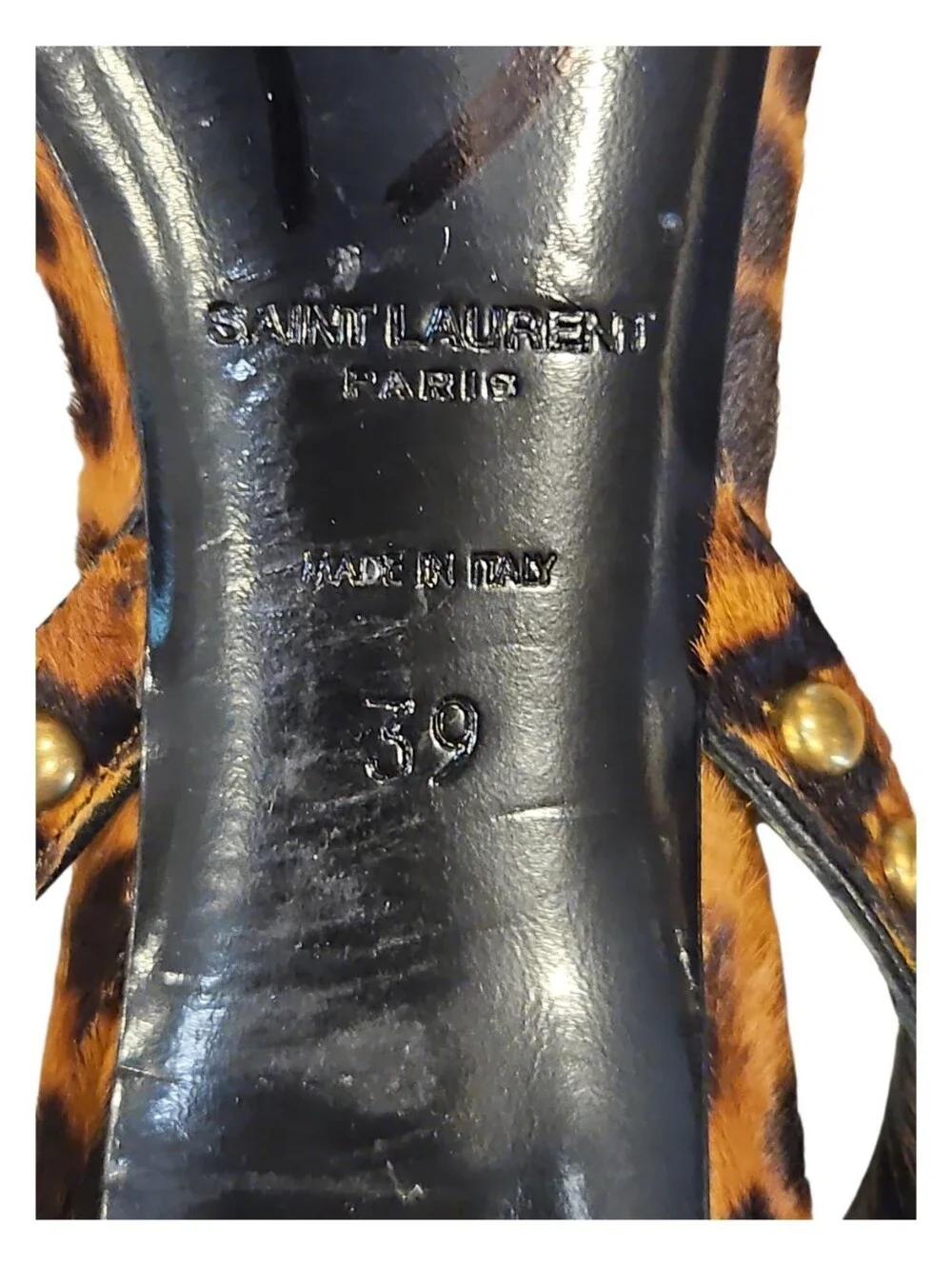 Saint Laurent SZ 8.5 Brown Calf Hair Studded 2.5" Kitten Heel Ankle Strap Sandal - Picture 7 of 11